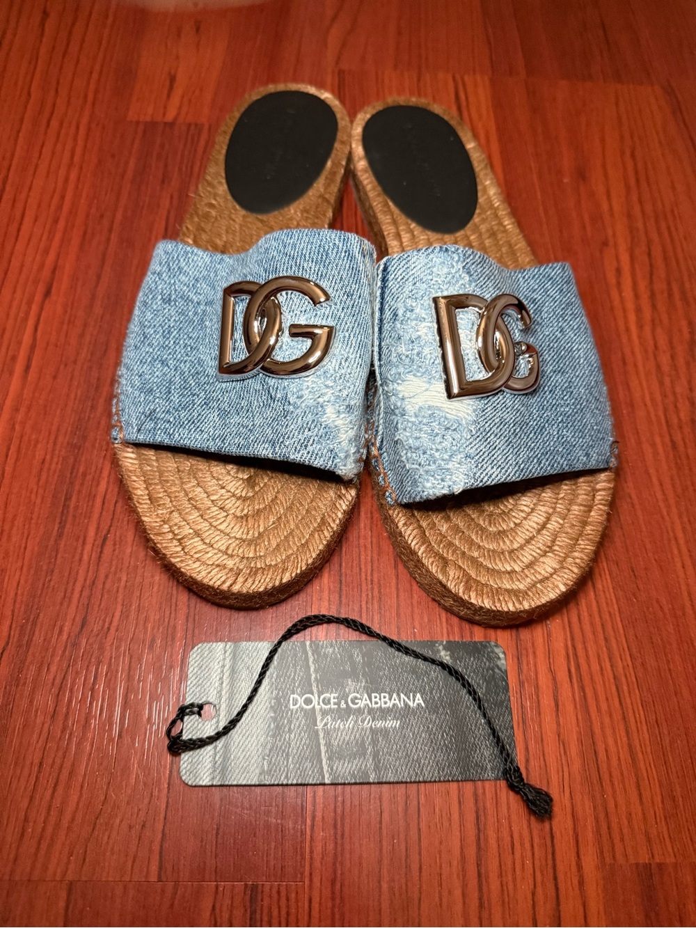 Dolce & Gabbana Denim Slide Sandals with Gold Logo